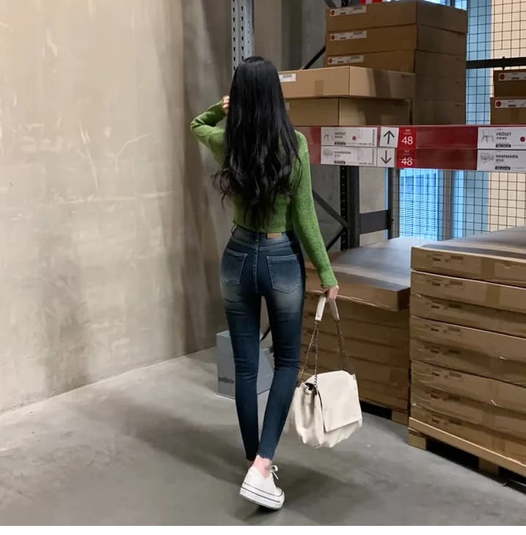진짜 펭 넓적 다리 chill 챠오어 아름다운 다리 레트로 연삭 화이트 워싱 블루 9 포인트 작은 청바지 몸매 가꾸기 스키니진 상세 이미지 12