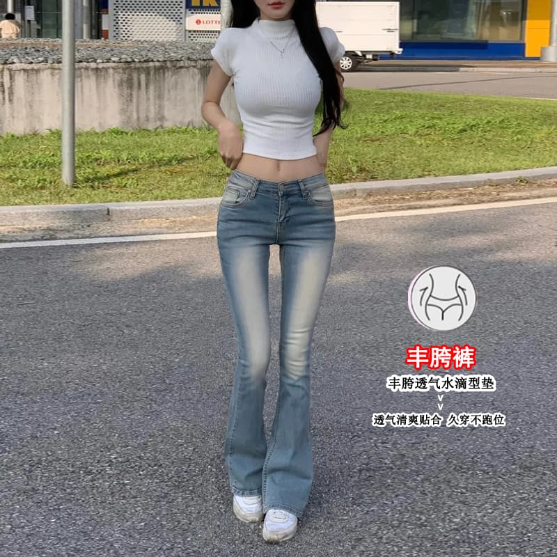 진짜 펭 넓적 다리 안녕하세요. 팬 팬 만화 허리 복부 수축 부츠컷 바지 여성 신축성 몸매 가꾸기 슬림해 보이는 타이트 로우 웨이스트 청바지 이미지 3