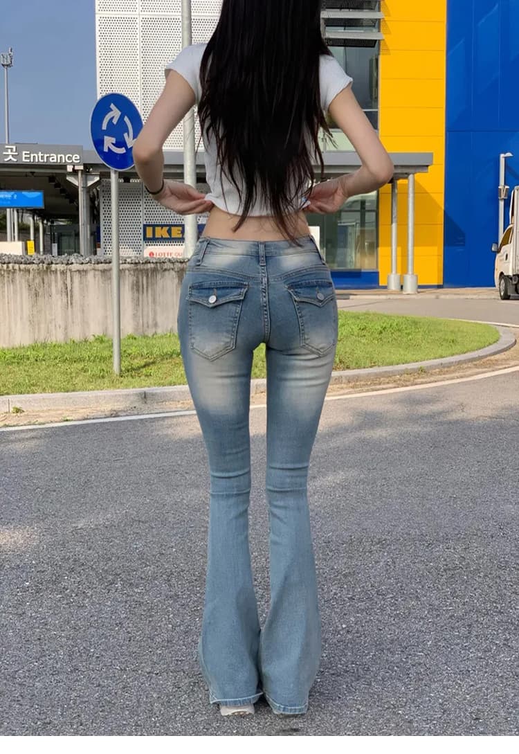 안녕하세요. 팬 팬 만화 허리 펭 넓적 다리 부츠컷 바지 여성 신축성 몸매 가꾸기 슬림해 보이는 타이트 로우 웨이스트 청바지 상세 이미지 9