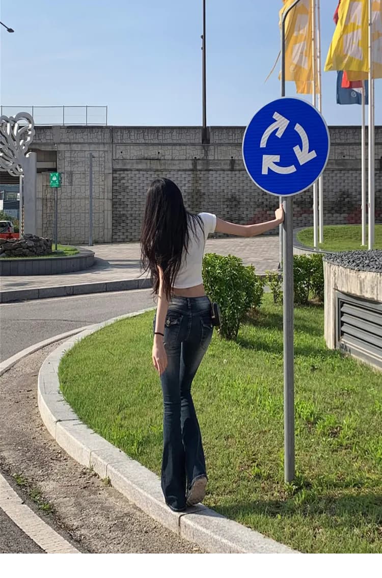안녕하세요. 팬 팬 만화 허리 펭 넓적 다리 부츠컷 바지 여성 신축성 몸매 가꾸기 슬림해 보이는 타이트 로우 웨이스트 청바지 상세 이미지 23