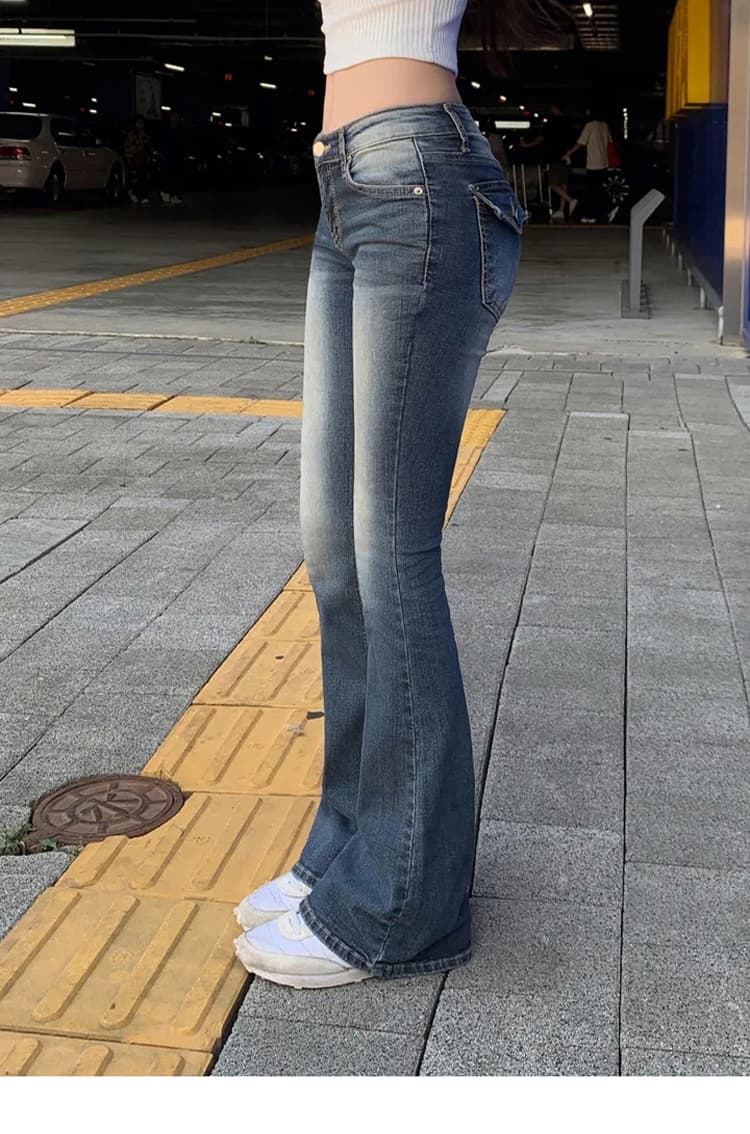 안녕하세요. 팬 팬 만화 허리 펭 넓적 다리 부츠컷 바지 여성 신축성 몸매 가꾸기 슬림해 보이는 타이트 로우 웨이스트 청바지 상세 이미지 37
