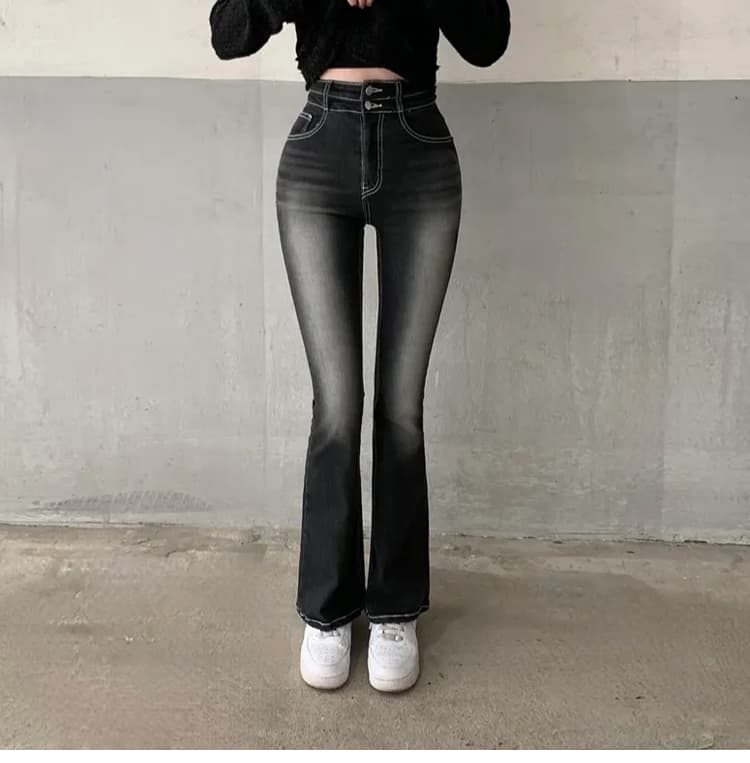 chill 챠오어 만화 다리 펭 넓적 다리 한 부서 꼬집기 허리 펭 넓적 다리 워프 엉덩이 더블 버클 하이웨이스트 신축성 나팔 청바지 여성 상세 이미지 16