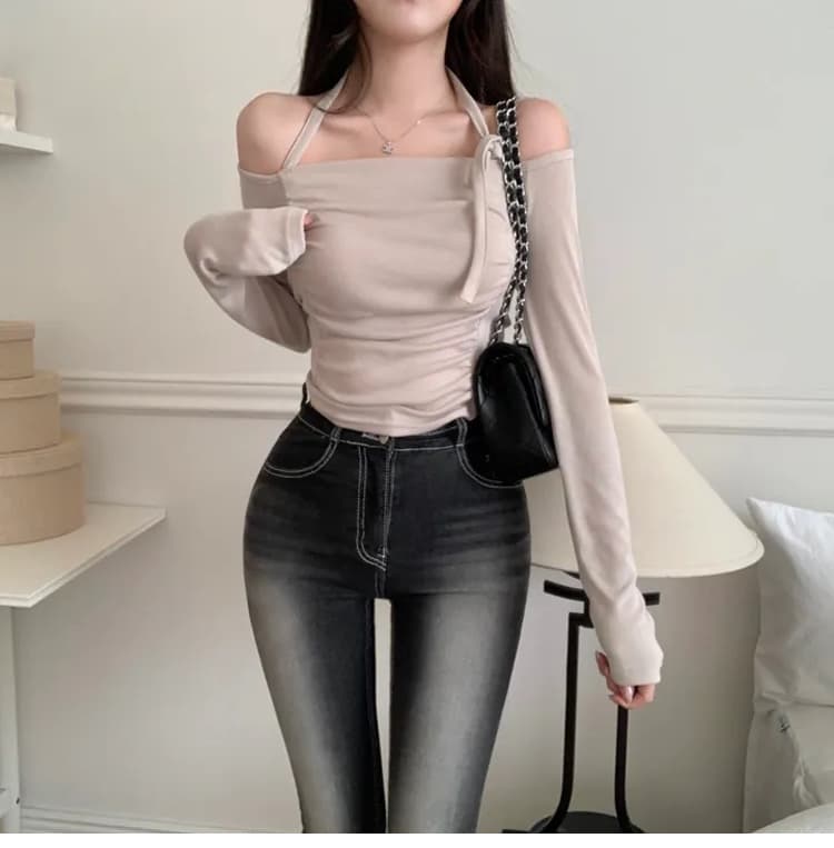 chill 챠오어 만화 다리 펭 넓적 다리 한 부서 꼬집기 허리 펭 넓적 다리 워프 엉덩이 더블 버클 하이웨이스트 신축성 나팔 청바지 여성 상세 이미지 23