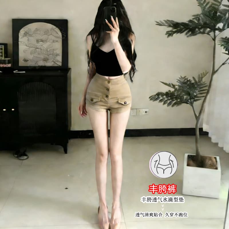 실사 오래된 돈 바람 펭 넓적 다리 데님 반바지 여성 2026 봄 새로운 하이웨이스트 슬림해 보이는 타이트 스커트 핫 바지 이미지 2