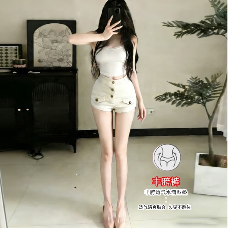 실사 오래된 돈 바람 펭 넓적 다리 데님 반바지 여성 2026 봄 새로운 하이웨이스트 슬림해 보이는 타이트 스커트 핫 바지 이미지 4