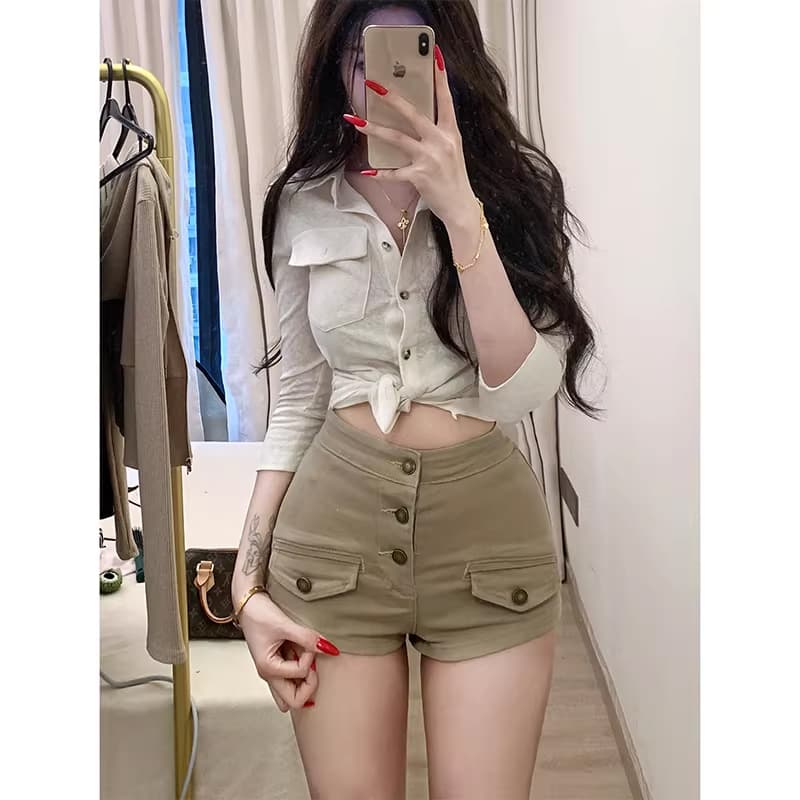 리 리 의류 오래된 돈 바람 펭 넓적 다리 데님 반바지 여성 2026 봄 새로운 하이웨이스트 슬림해 보이는 타이트 스커트 핫 바지 상세 이미지 3