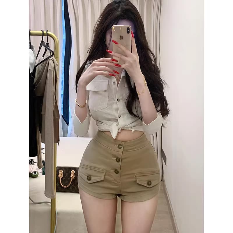 리 리 의류 오래된 돈 바람 펭 넓적 다리 데님 반바지 여성 2026 봄 새로운 하이웨이스트 슬림해 보이는 타이트 스커트 핫 바지 상세 이미지 4
