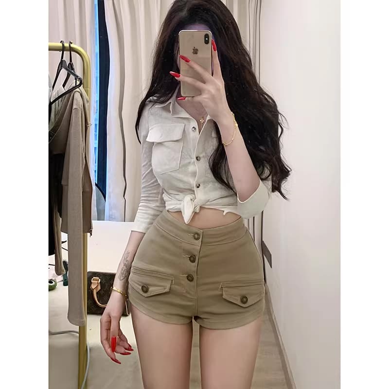 리 리 의류 오래된 돈 바람 펭 넓적 다리 데님 반바지 여성 2026 봄 새로운 하이웨이스트 슬림해 보이는 타이트 스커트 핫 바지 상세 이미지 5