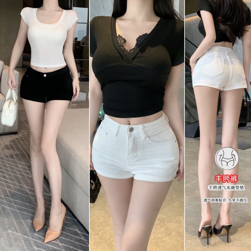 실사 펭 넓적 다리 검정색 다리 좋은 소녀 ~해야한다. 일부 한 남자 몸 화이트 데님 반바지 여성 이미지 3