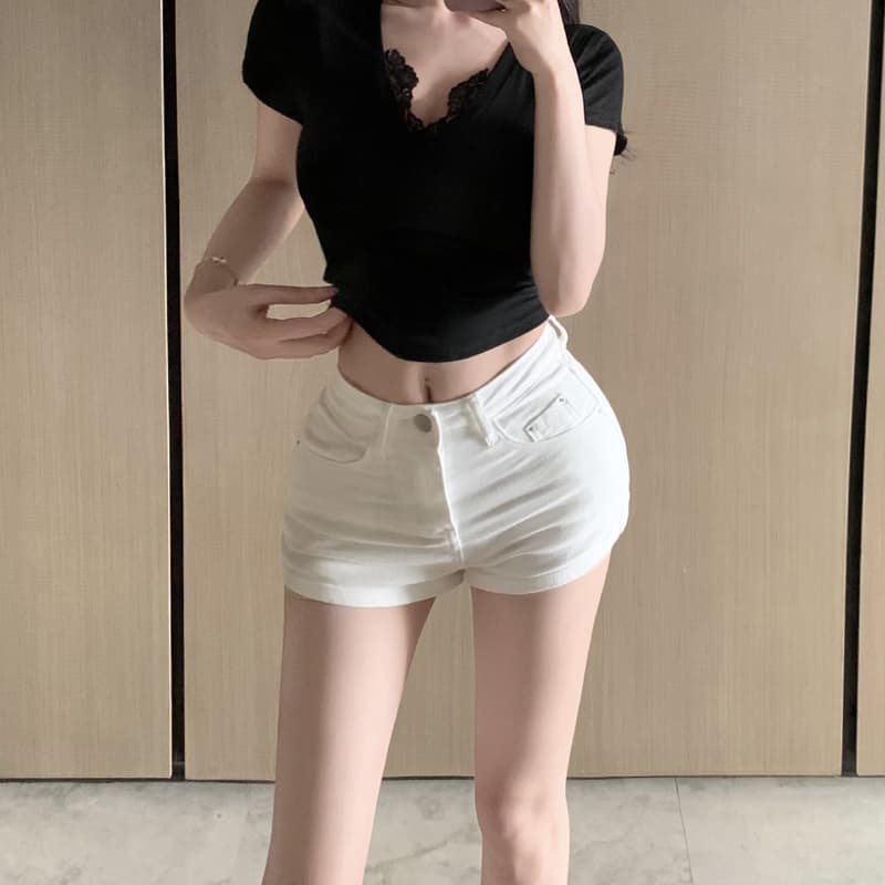 실사 펭 넓적 다리 검정색 다리 좋은 소녀 ~해야한다. 일부 한 남자 몸 화이트 데님 반바지 여성 이미지 4