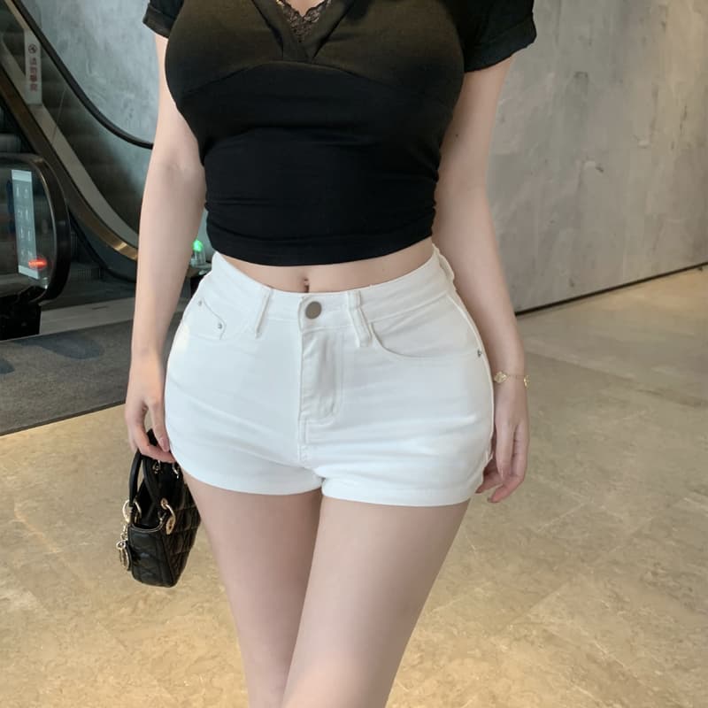 실사 펭 넓적 다리 검정색 다리 좋은 소녀 ~해야한다. 일부 한 남자 몸 화이트 데님 반바지 여성 이미지 5