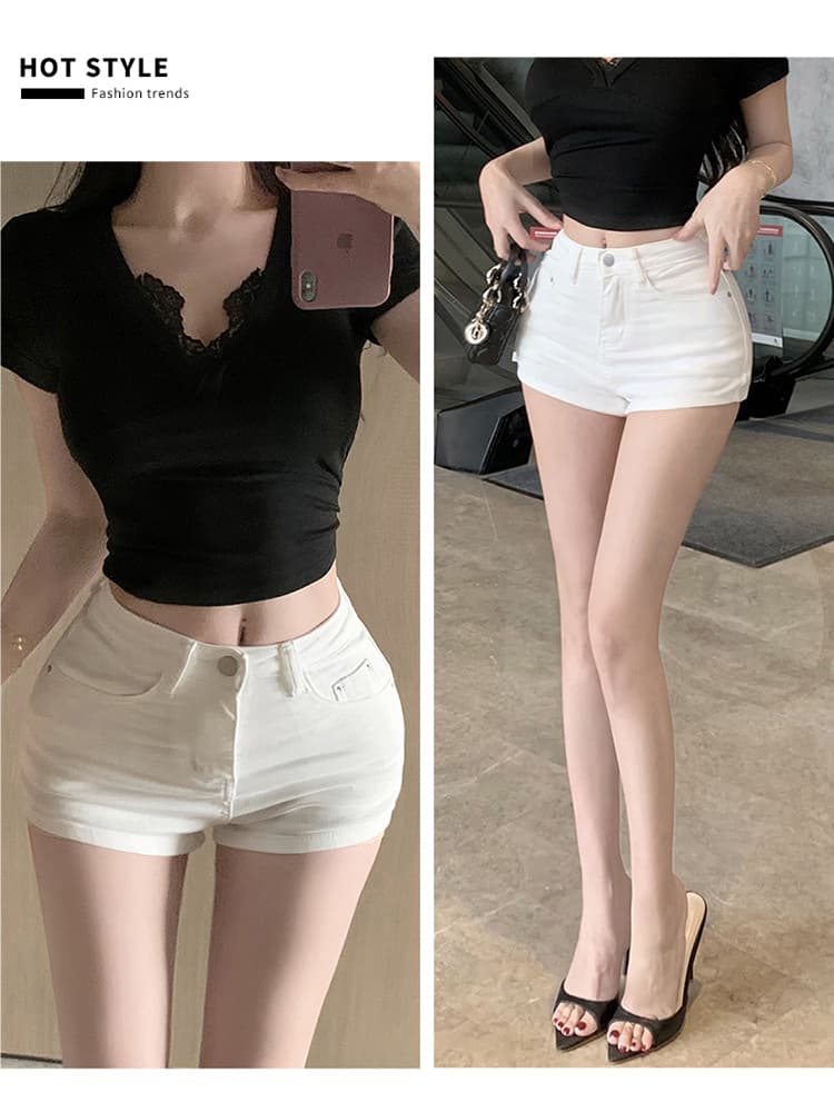 실사 펭 넓적 다리 검정색 다리 좋은 소녀 ~해야한다. 일부 한 남자 몸 화이트 데님 반바지 여성 상세 이미지 14