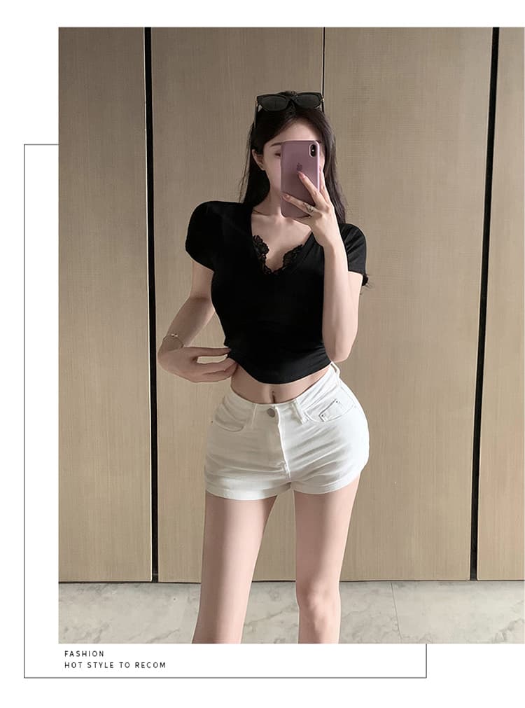 실사 펭 넓적 다리 검정색 다리 좋은 소녀 ~해야한다. 일부 한 남자 몸 화이트 데님 반바지 여성 상세 이미지 16