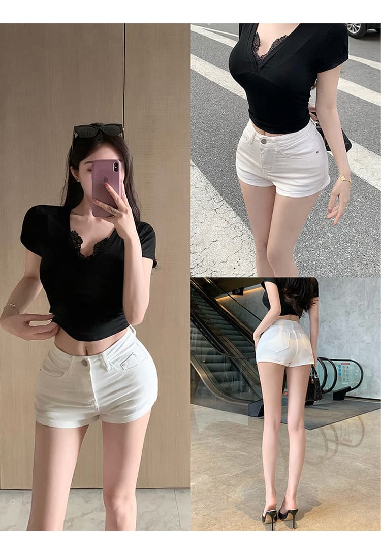 실사 펭 넓적 다리 검정색 다리 좋은 소녀 ~해야한다. 일부 한 남자 몸 화이트 데님 반바지 여성 상세 이미지 20
