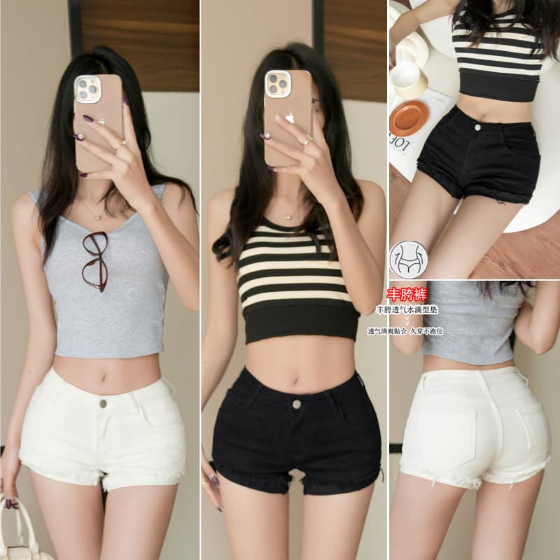 실사 펭 넓적 다리 로우 웨이스트 화이트 데님 반바지 여성 볼륨 측면 슬림해 보이는 핫걸 폭발 신축성 한 마디 핫 바지 이미지 3