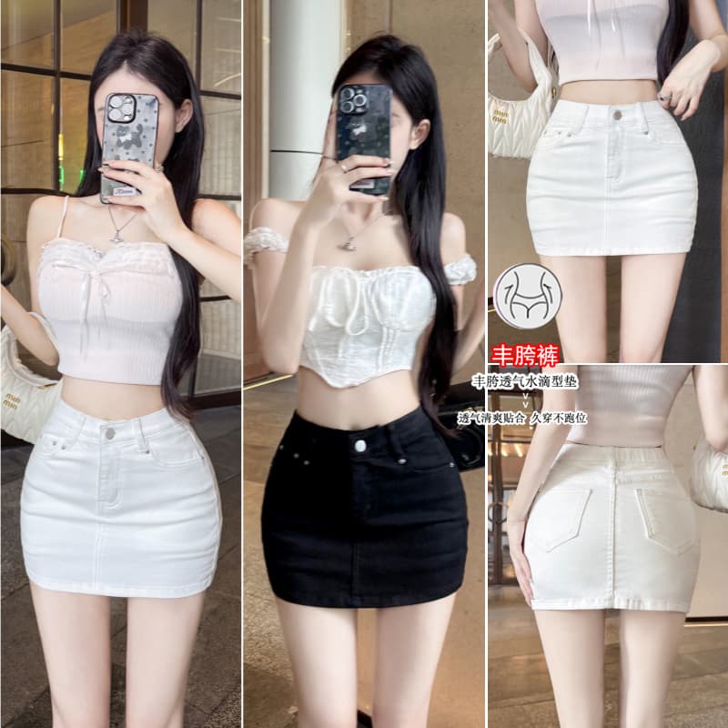 실사 펭 넓적 다리 반바지 화이트 데님 반신 스커트 여성 여름 한 부서 미니멀리즘 노출 방지 하이웨이스트 한 마디 짧은 바지