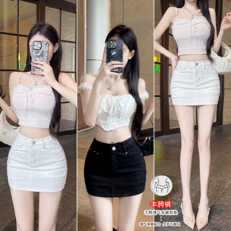 실사 펭 넓적 다리 반바지 화이트 데님 반신 스커트 여성 여름 한 부서 미니멀리즘 노출 방지 하이웨이스트 한 마디 짧은 바지 이미지 3