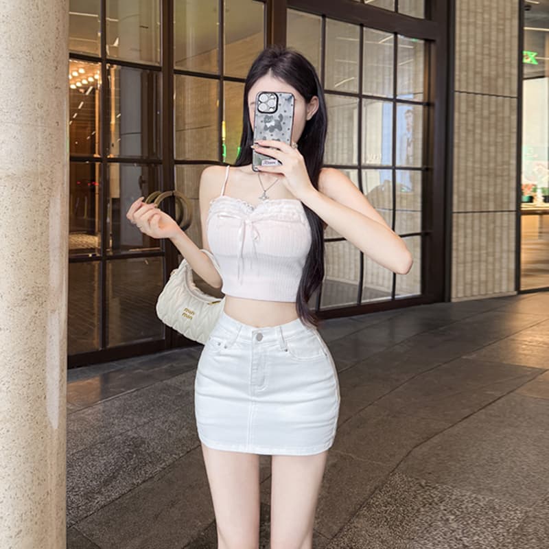 실사 펭 넓적 다리 반바지 화이트 데님 반신 스커트 여성 여름 한 부서 미니멀리즘 노출 방지 하이웨이스트 한 마디 짧은 바지 이미지 4