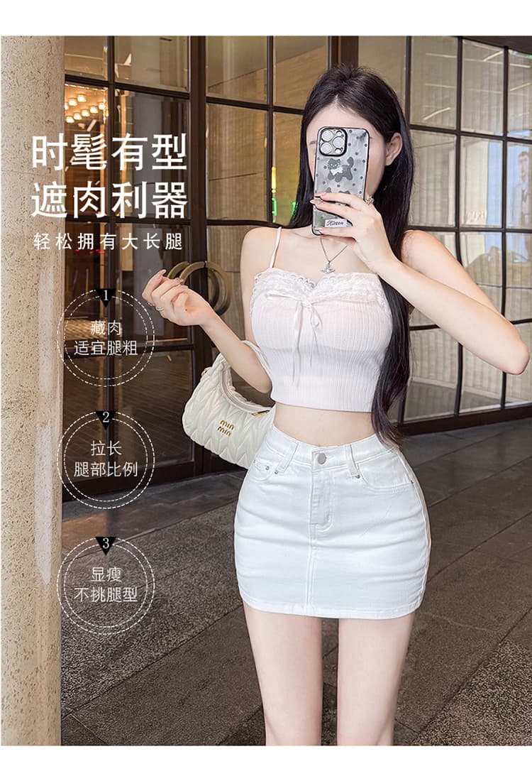 실사 펭 넓적 다리 반바지 화이트 데님 반신 스커트 여성 여름 한 부서 미니멀리즘 노출 방지 하이웨이스트 한 마디 짧은 바지 상세 이미지 4