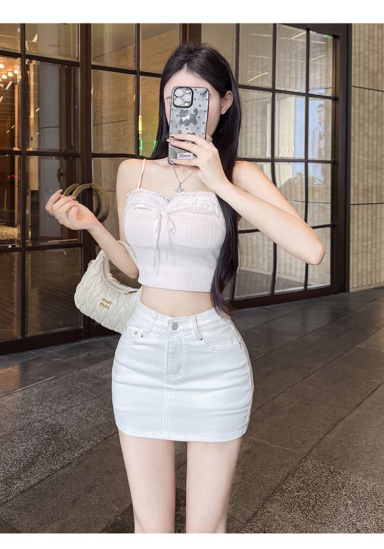 실사 펭 넓적 다리 반바지 화이트 데님 반신 스커트 여성 여름 한 부서 미니멀리즘 노출 방지 하이웨이스트 한 마디 짧은 바지 상세 이미지 15
