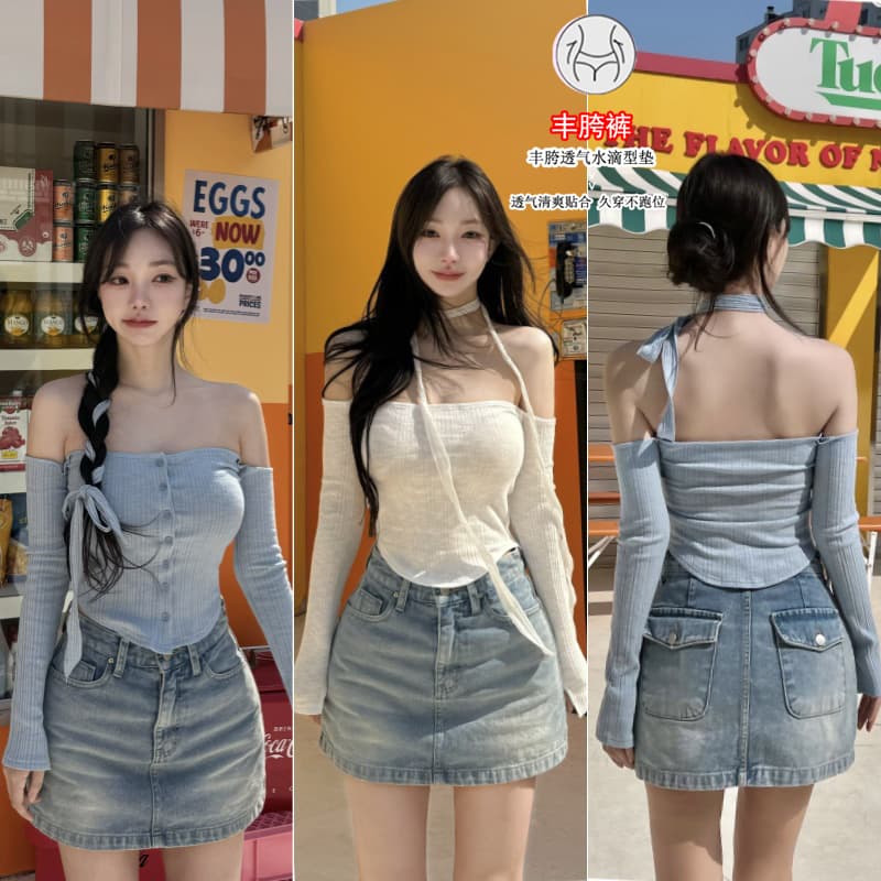 펭 넓적 다리 반바지 노출 방지 데님 바지 반신 스커트 여성 한국 스타일 레트로 하늘색 슬림해 보이는 한 마디 짧은 치마바지 이미지 2