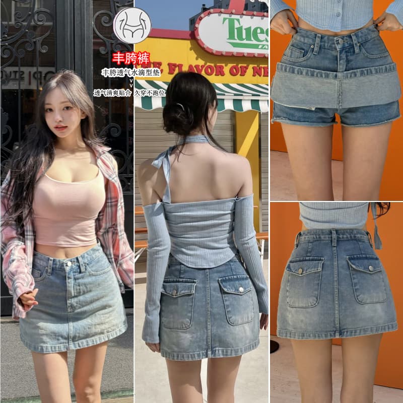 펭 넓적 다리 반바지 노출 방지 데님 바지 반신 스커트 여성 한국 스타일 레트로 하늘색 슬림해 보이는 한 마디 짧은 치마바지 이미지 3