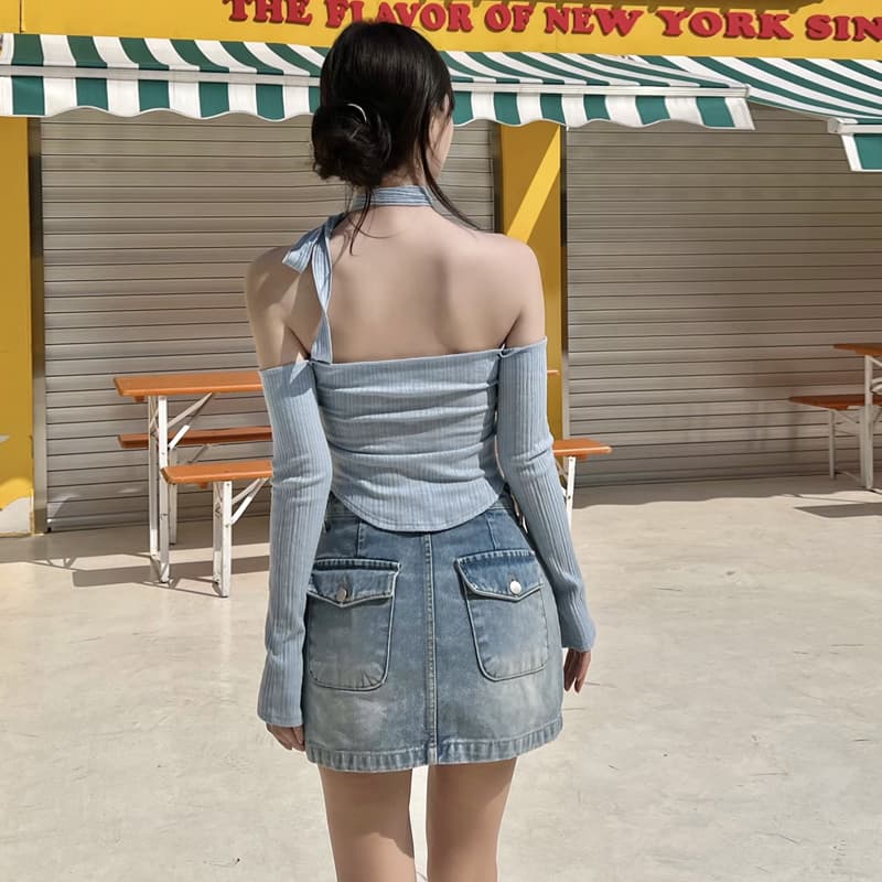 펭 넓적 다리 반바지 노출 방지 데님 바지 반신 스커트 여성 한국 스타일 레트로 하늘색 슬림해 보이는 한 마디 짧은 치마바지 이미지 4