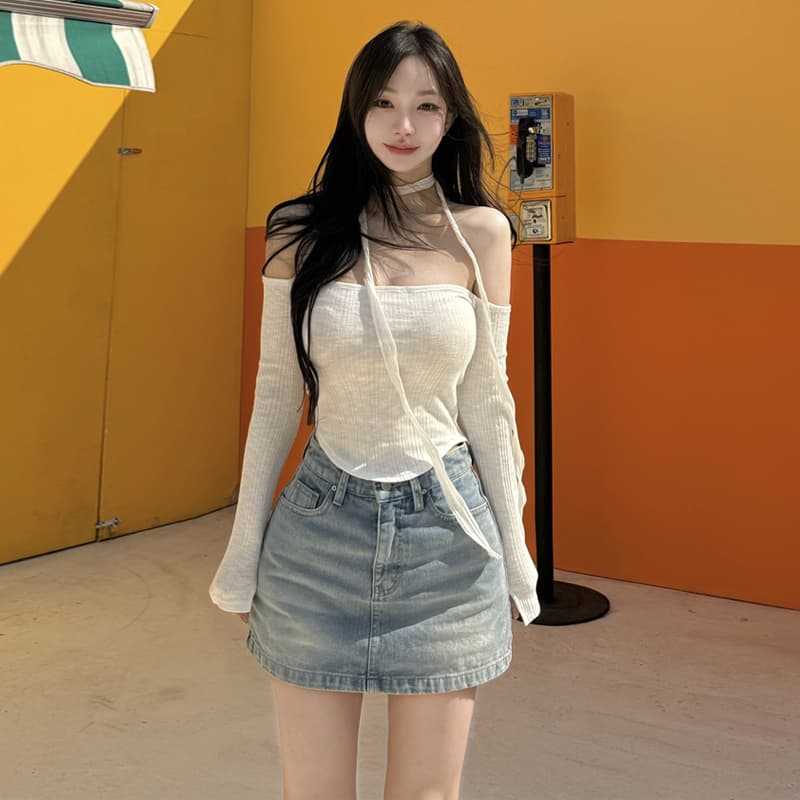 펭 넓적 다리 반바지 노출 방지 데님 바지 반신 스커트 여성 한국 스타일 레트로 하늘색 슬림해 보이는 한 마디 짧은 치마바지 이미지 5
