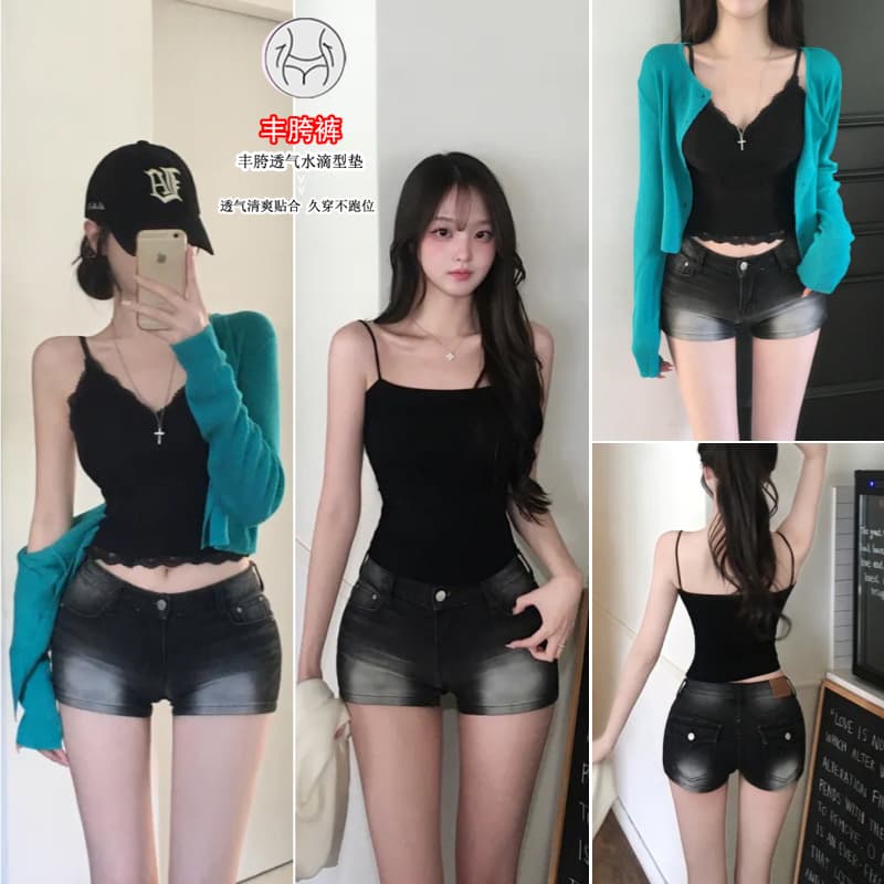 진짜 펭 넓적 다리 디스크 디스크 한 남자 바지 2 색 한국 스타일 패션 연삭 화이트 잠금 몸매 가꾸기 슬림해 보이는 로우 웨이스트 데님 반바지