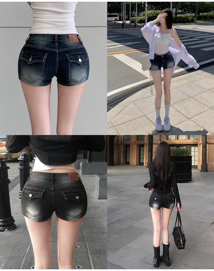 진짜 펭 넓적 다리 디스크 디스크 한 남자 바지 2 색 한국 스타일 패션 연삭 화이트 잠금 몸매 가꾸기 슬림해 보이는 로우 웨이스트 데님 반바지 상세 이미지 5