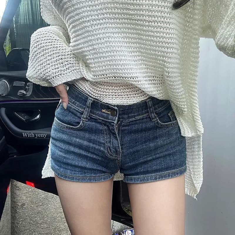 한 남자 작은 데님 펭 넓적 다리 반바지 한 여성 나만의 것을 가져와 라. 넓적 다리 패드 몸매 가꾸기 디스플레이 허리 좋은 로우 웨이스트 타이트 데님 반바지 이미지 5