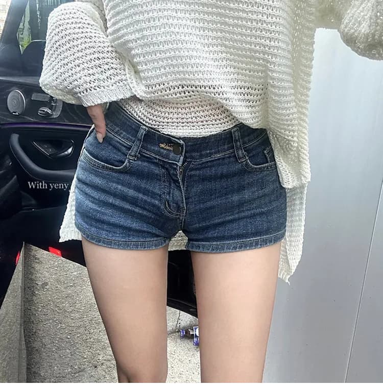 한 남자 작은 데님 펭 넓적 다리 반바지 한 여성 나만의 것을 가져와 라. 넓적 다리 패드 몸매 가꾸기 디스플레이 허리 좋은 로우 웨이스트 타이트 데님 반바지 상세 이미지 7