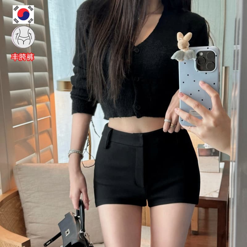 펭 넓적 다리 안녕하세요. 팬 팬 앞이 짧고 뒤가 길다 디자인 진짜 착용 부서 슬림해 보이는 반바지 여성 봄 가을 블랙 둘 색상 캐주얼 바지 이미지 2