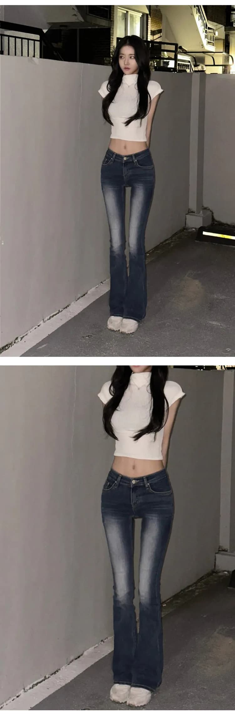 펭 넓적 다리 오노 콜리 플라워 허리 엉덩이 ~보다 로우 웨이스트 리프트 엉덩이 몸매 가꾸기 부츠컷 바지 여성 슬림해 보이는 신축성 청바지 긴 바지 상세 이미지 12