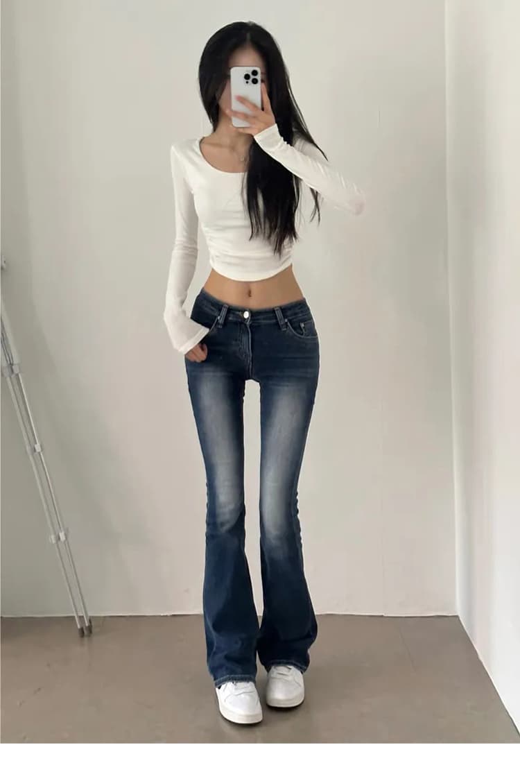 펭 넓적 다리 오노 콜리 플라워 허리 엉덩이 ~보다 로우 웨이스트 리프트 엉덩이 몸매 가꾸기 부츠컷 바지 여성 슬림해 보이는 신축성 청바지 긴 바지 상세 이미지 18