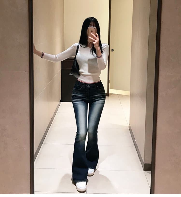 실사 펭 넓적 다리 만화 다리 중 하이웨이스트 높음 폭탄 부츠컷 바지 청바지 여성 몸매 가꾸기 순수한 욕망 캐주얼 바지 상세 이미지 8