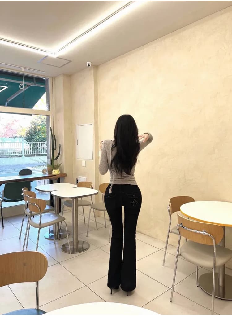 실사 펭 넓적 다리 popchee 두꺼운 선 자수 로우 웨이스트 청바지 신축성 몸매 가꾸기 마이크로 나팔 하트 복숭아 자수 상세 이미지 20