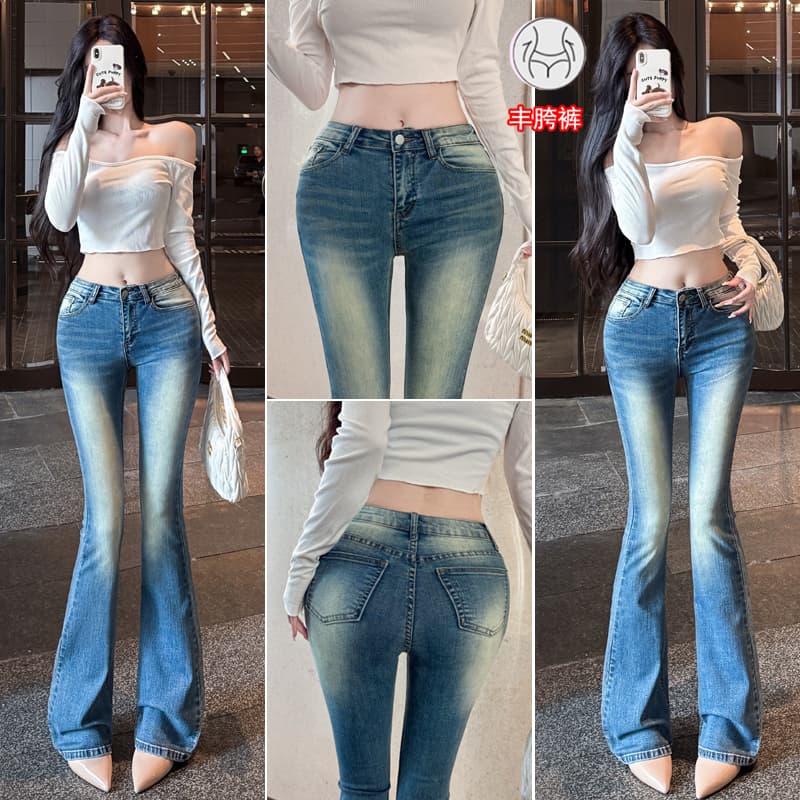 실사 펭 넓적 다리 chill 챠오어 다리 좋은 몸매 가꾸기 디스플레이 슬림 폭탄 타이트 워시 물 로우 웨이스트 부츠컷 청바지 이미지 2
