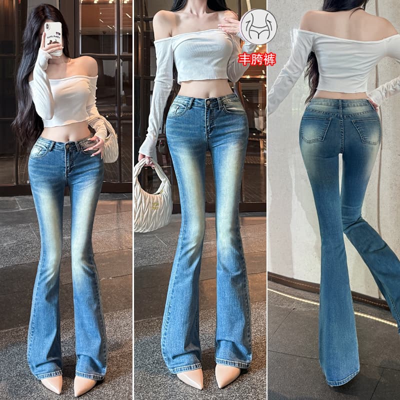 실사 펭 넓적 다리 chill 챠오어 다리 좋은 몸매 가꾸기 디스플레이 슬림 폭탄 타이트 워시 물 로우 웨이스트 부츠컷 청바지 이미지 3