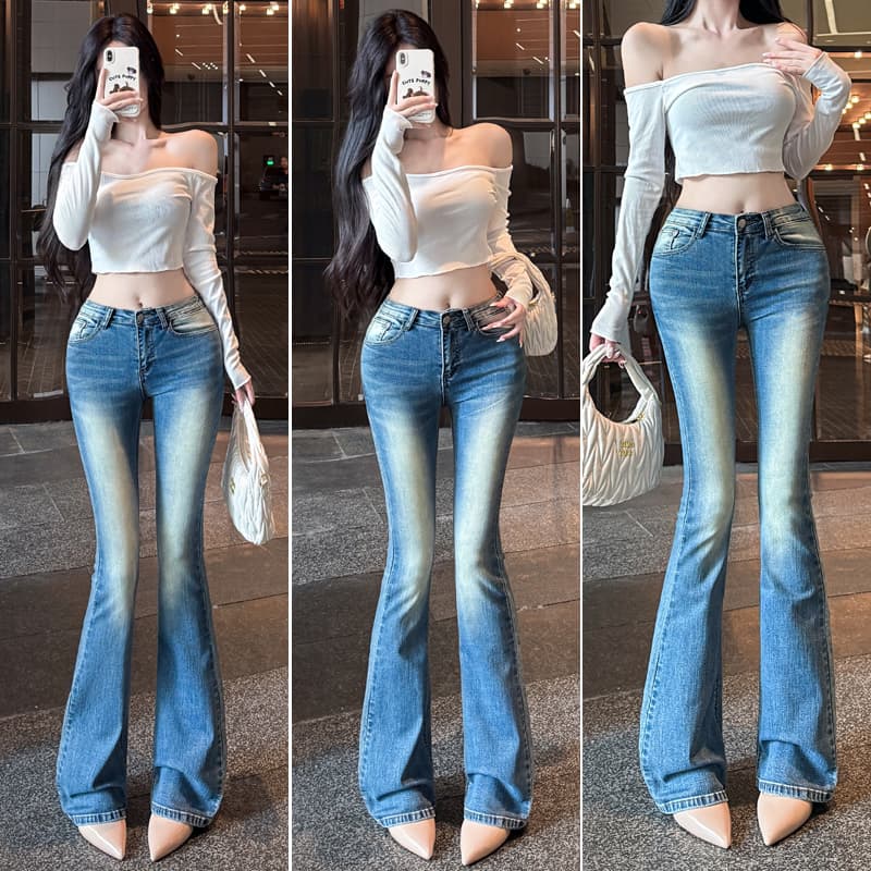 실사 펭 넓적 다리 chill 챠오어 다리 좋은 몸매 가꾸기 디스플레이 슬림 폭탄 타이트 워시 물 로우 웨이스트 부츠컷 청바지 이미지 5