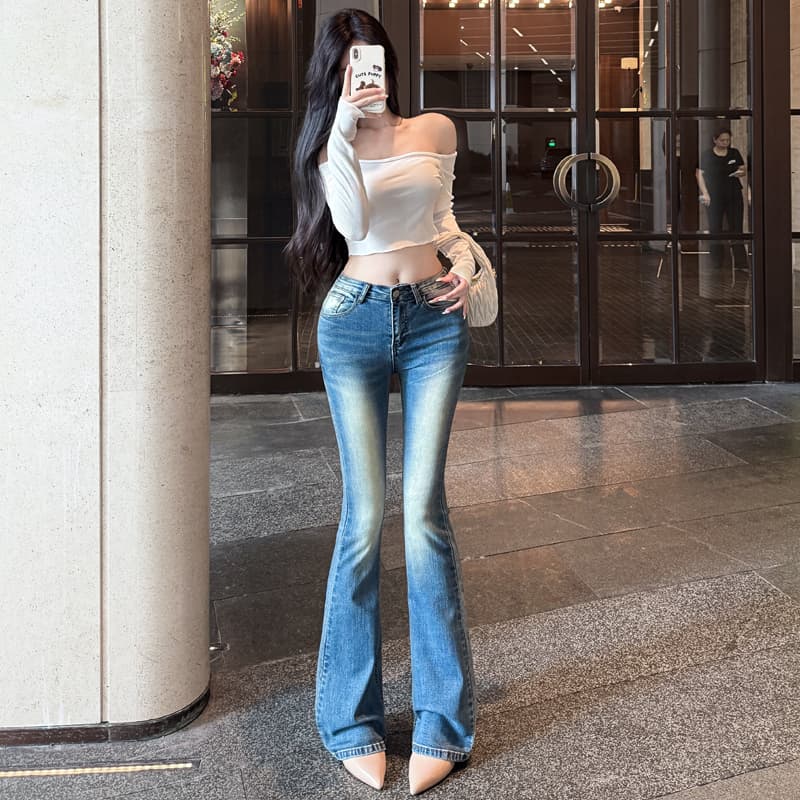 실사 펭 넓적 다리 chill 챠오어 다리 좋은 몸매 가꾸기 디스플레이 슬림 폭탄 타이트 워시 물 로우 웨이스트 부츠컷 청바지 이미지 4