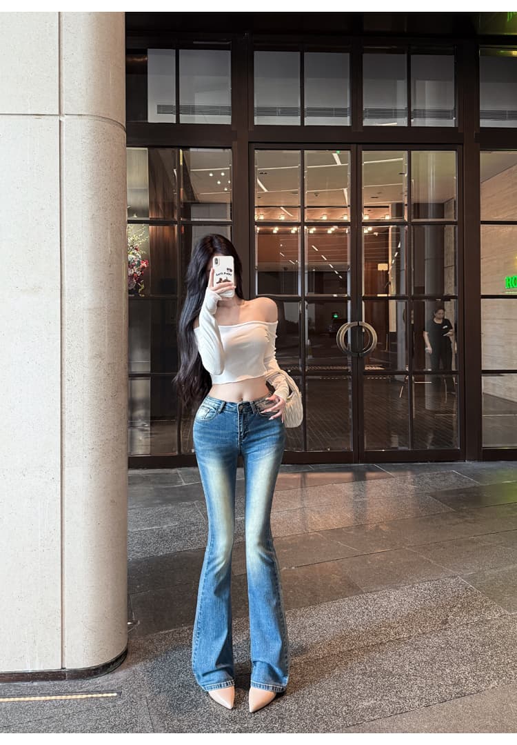 실사 펭 넓적 다리 chill 챠오어 다리 좋은 몸매 가꾸기 디스플레이 슬림 폭탄 타이트 워시 물 로우 웨이스트 부츠컷 청바지 상세 이미지 4
