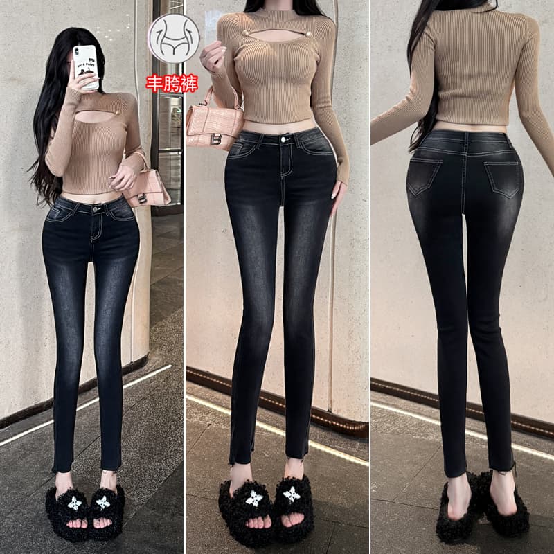 실사 펭 넓적 다리 안녕하세요. 팬 팬 아름다운 다리 펭 넓적 다리 레트로 연삭 화이트 워싱 9 포인트 작은 청바지 몸매 가꾸기 스키니진