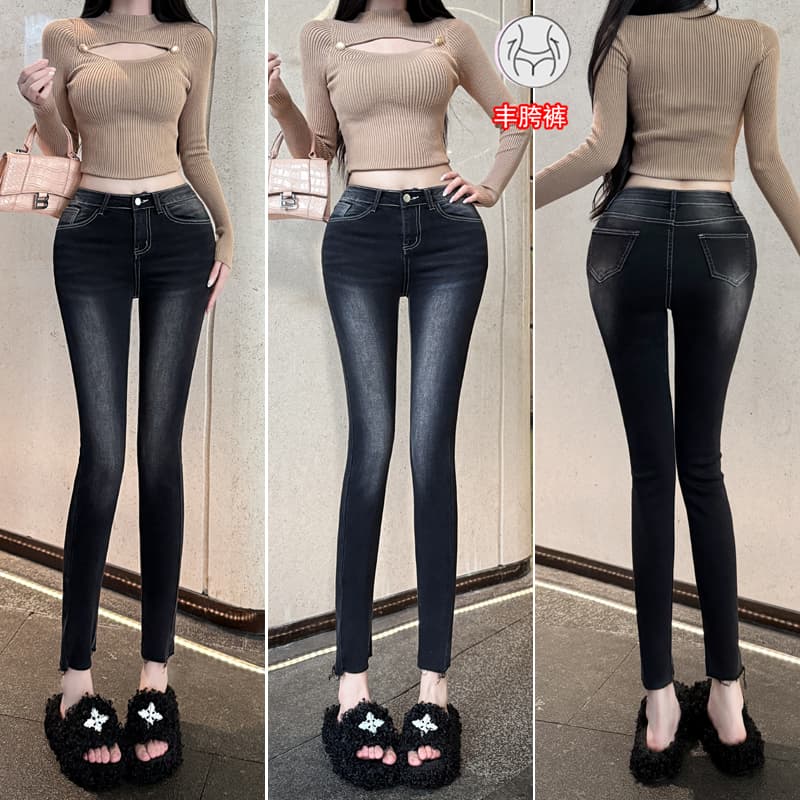 실사 펭 넓적 다리 안녕하세요. 팬 팬 아름다운 다리 펭 넓적 다리 레트로 연삭 화이트 워싱 9 포인트 작은 청바지 몸매 가꾸기 스키니진 이미지 2