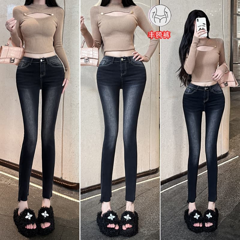 실사 펭 넓적 다리 안녕하세요. 팬 팬 아름다운 다리 펭 넓적 다리 레트로 연삭 화이트 워싱 9 포인트 작은 청바지 몸매 가꾸기 스키니진 이미지 3