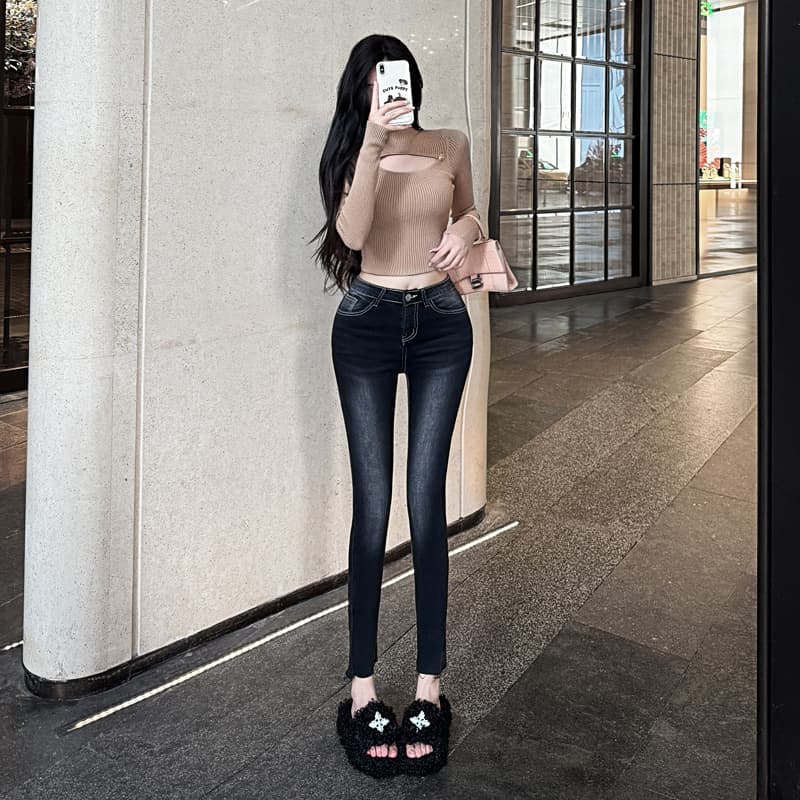 실사 펭 넓적 다리 안녕하세요. 팬 팬 아름다운 다리 펭 넓적 다리 레트로 연삭 화이트 워싱 9 포인트 작은 청바지 몸매 가꾸기 스키니진 이미지 4