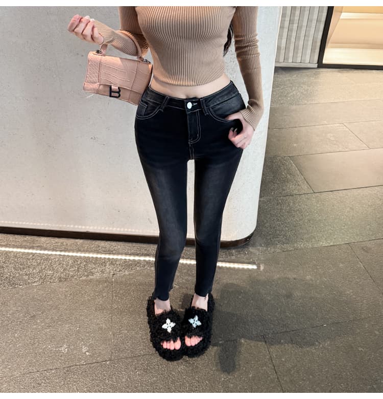 실사 펭 넓적 다리 안녕하세요. 팬 팬 아름다운 다리 펭 넓적 다리 레트로 연삭 화이트 워싱 9 포인트 작은 청바지 몸매 가꾸기 스키니진 상세 이미지 7