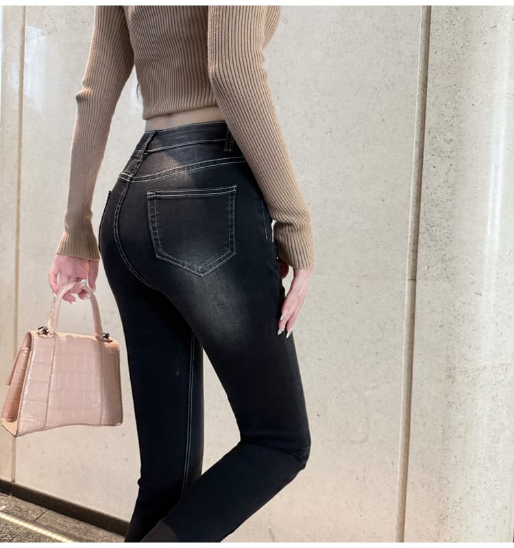 실사 펭 넓적 다리 안녕하세요. 팬 팬 아름다운 다리 펭 넓적 다리 레트로 연삭 화이트 워싱 9 포인트 작은 청바지 몸매 가꾸기 스키니진 상세 이미지 13