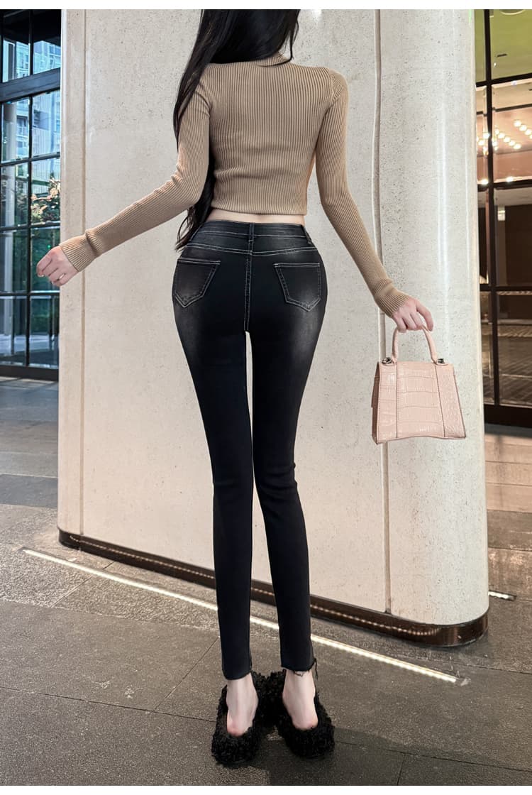 실사 펭 넓적 다리 안녕하세요. 팬 팬 아름다운 다리 펭 넓적 다리 레트로 연삭 화이트 워싱 9 포인트 작은 청바지 몸매 가꾸기 스키니진 상세 이미지 14