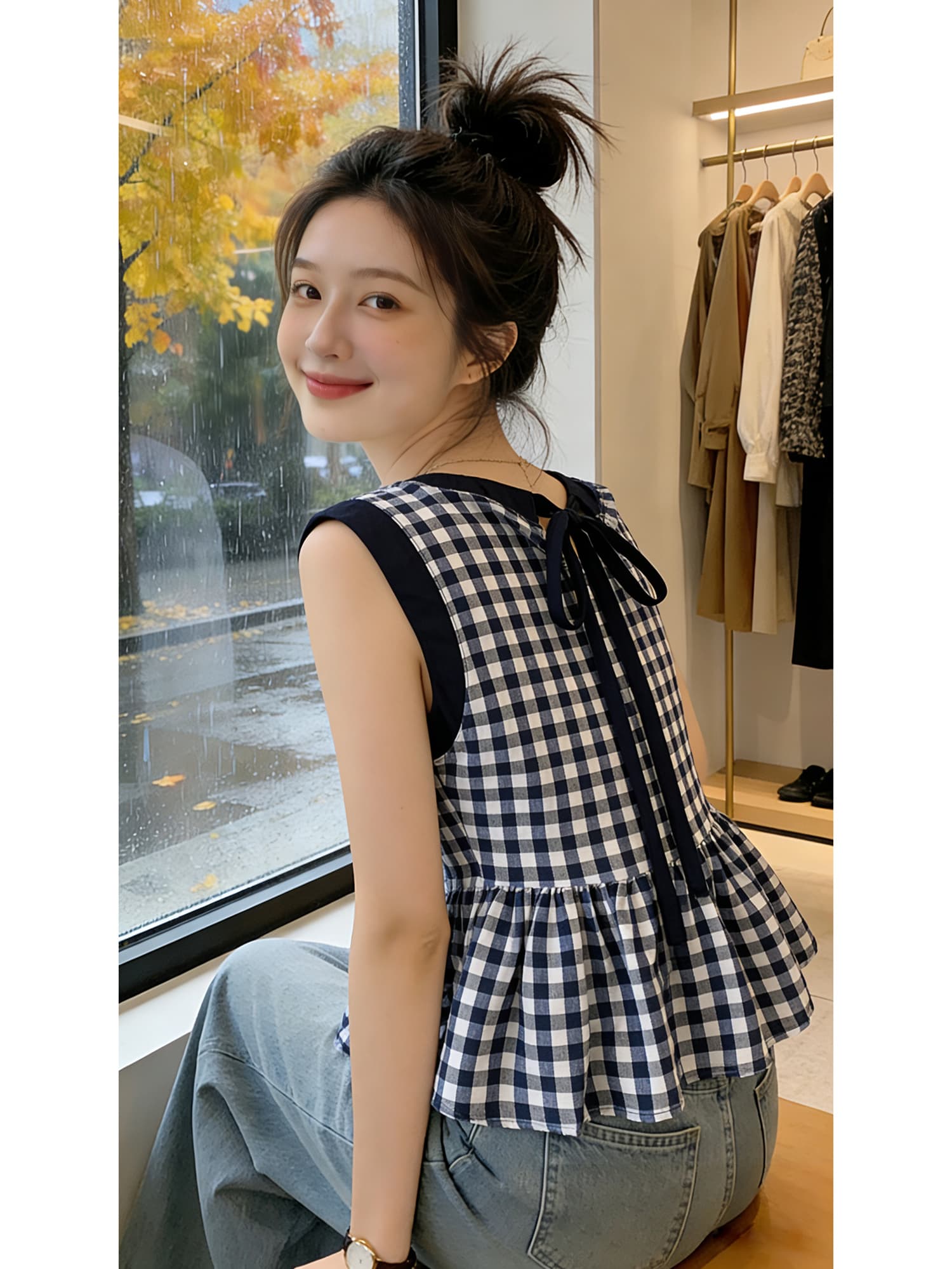 실사 레트로 배색 체크무늬 조끼 달콤한 핫걸 체크무늬 맨위 여성 여름 새로운 고급 센스 셔츠 조끼